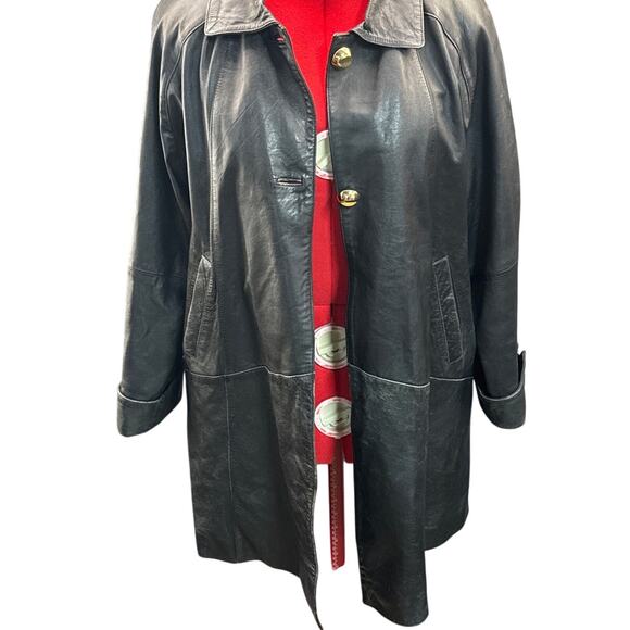 Hillary Paige Vintage 80s 90s 2 Gold Button Black Leather Trench Coat Women PL - Picture 5 of 7